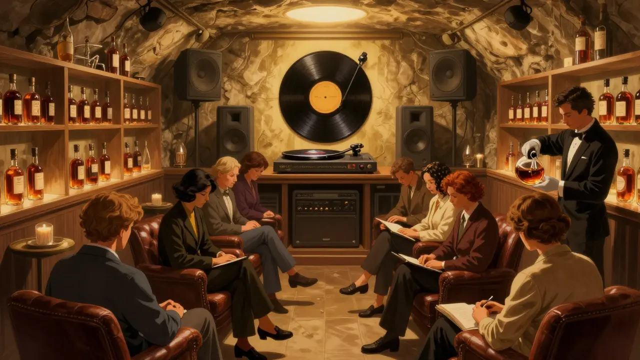 Silent group in a dimly lit underground lounge listening to vinyl records, rare whiskey decanters on shelves.