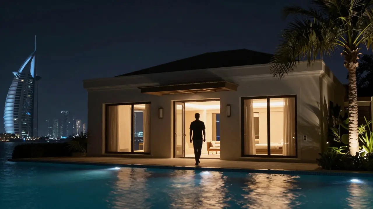 Silhouette walking beside a luxury villa's infinity pool under Dubai's night skyline.