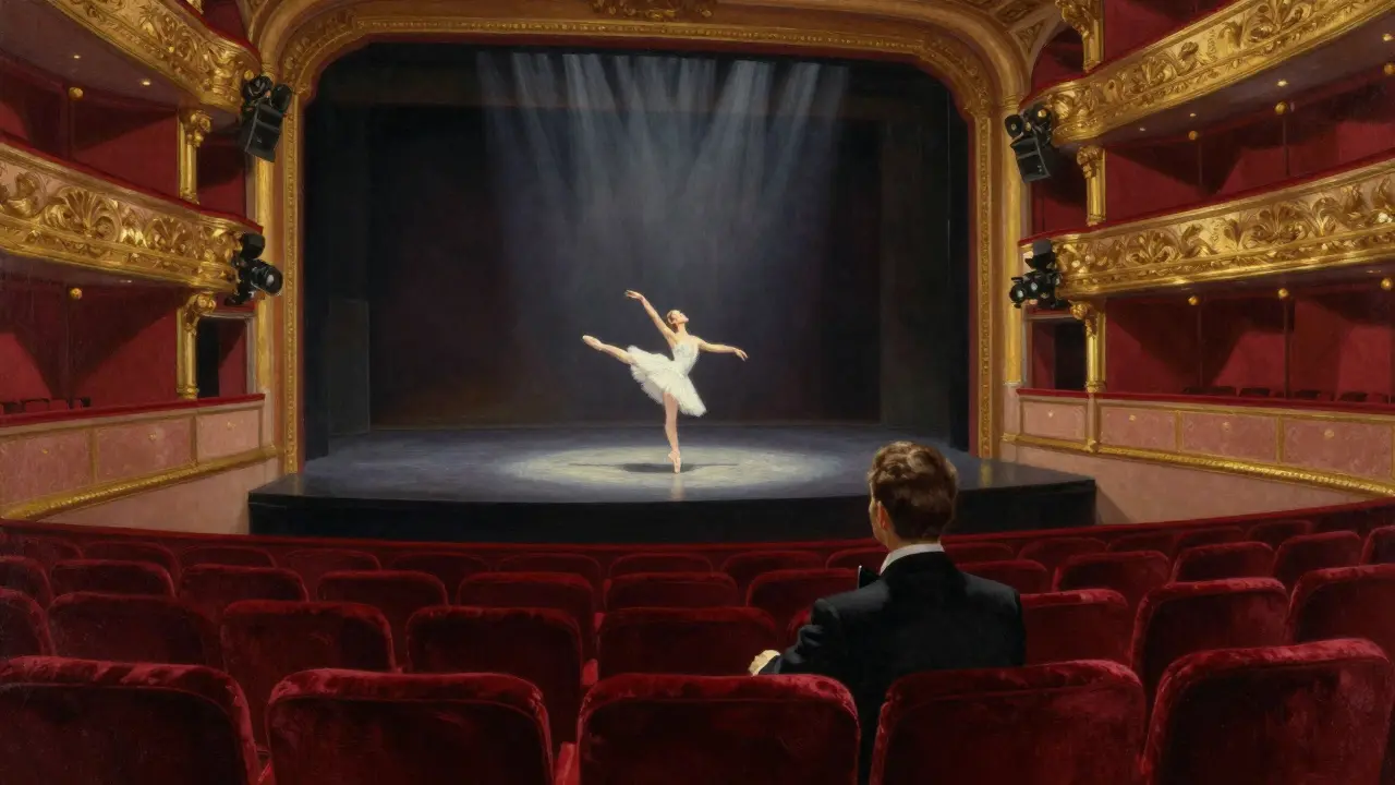 Someone in a private opera box watching a ballerina under dramatic stage lights.