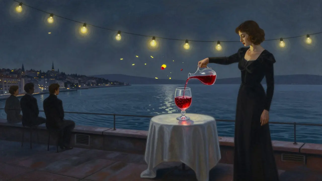 Surreal rooftop bar in Moda with floating string bulbs, wine suspended in air, and the Bosphorus reflected in a glass of rosewater.