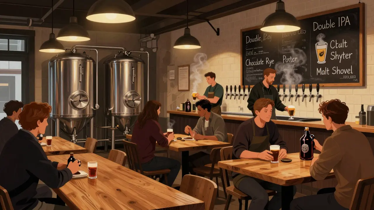 The Malt Shovel taproom with brewers and customers at wooden tables, growlers and fermentation tanks in the background.