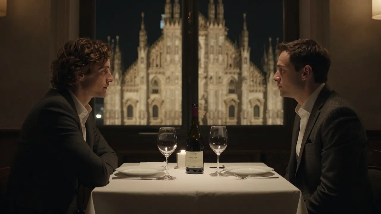 Two figures share a quiet dinner in a luxurious Milan restaurant with the Duomo glowing in the background.