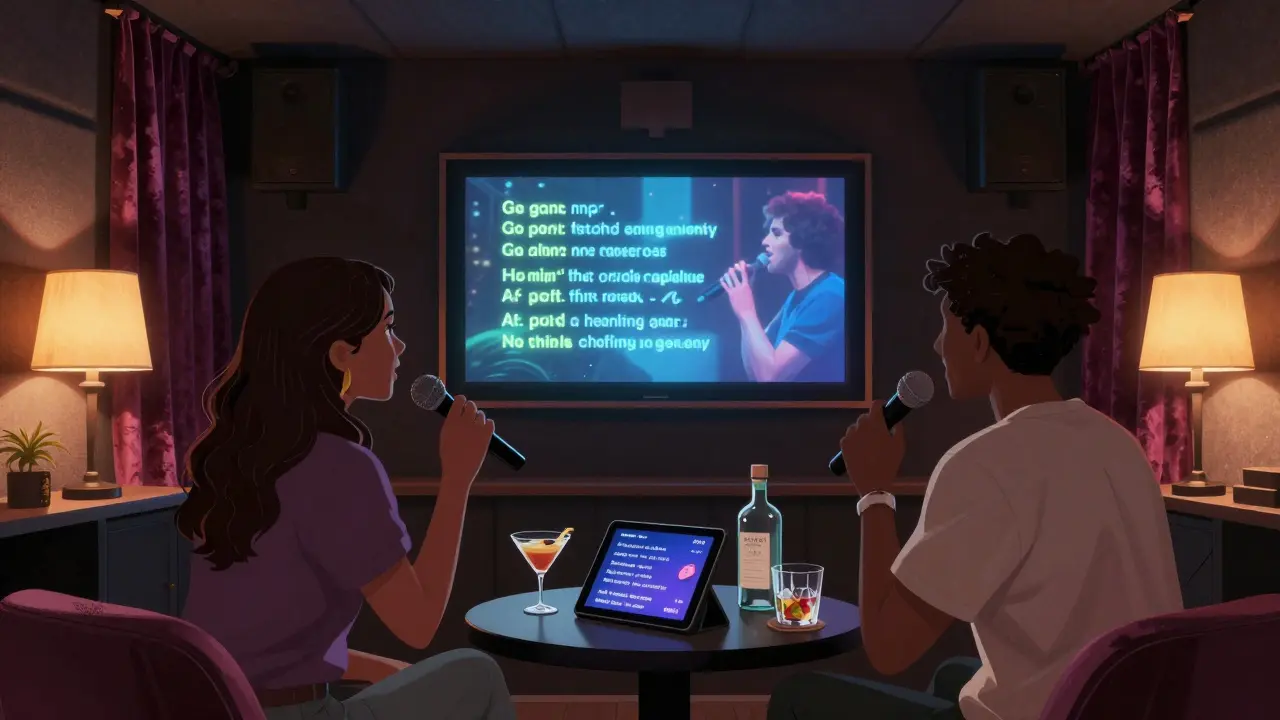 Two friends sing together in a cozy private karaoke room with lyric screens and cocktails.