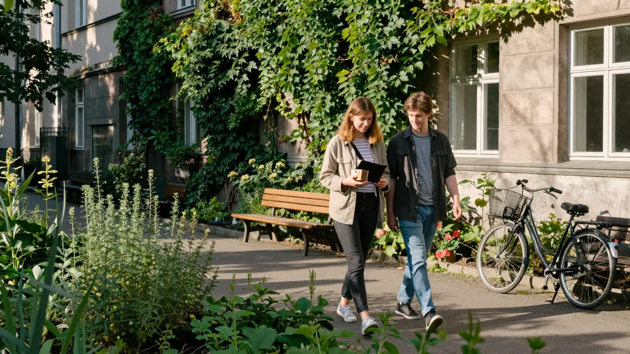 Two individuals strolling through a lush urban garden in Kreuzberg, holding a small thoughtful gift.