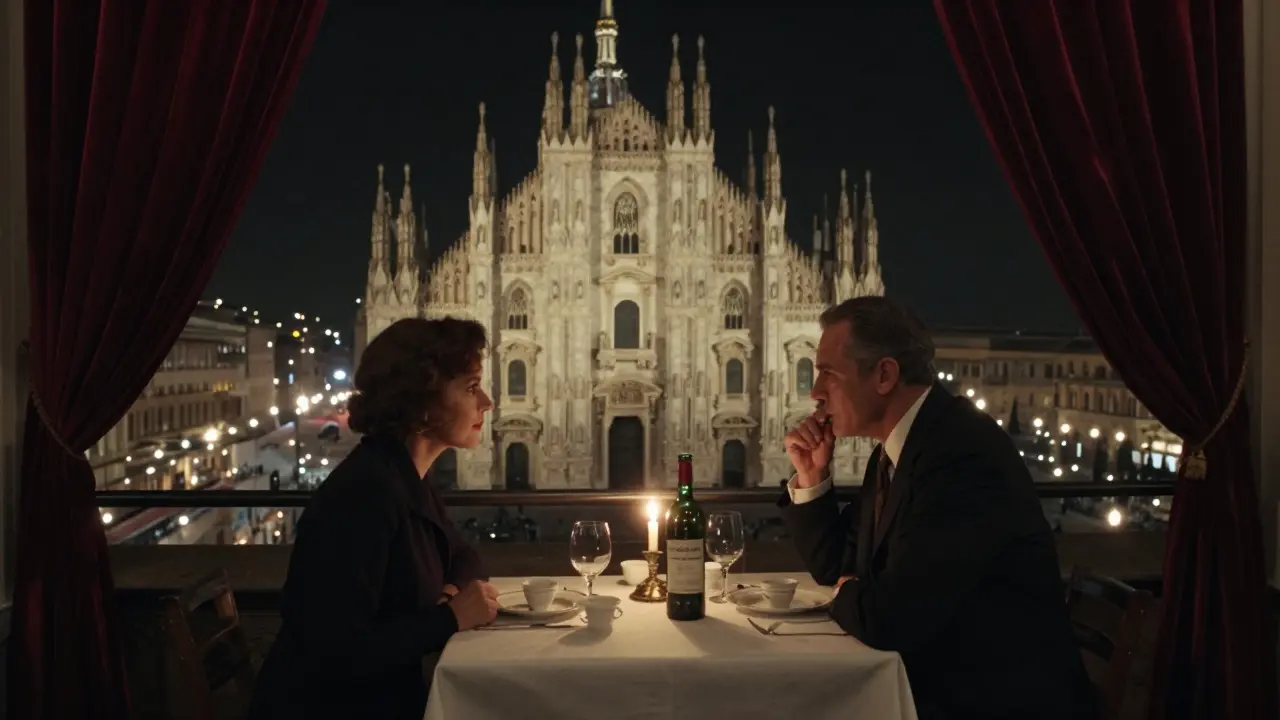 Two people dine quietly on a rooftop terrace with the Duomo glowing behind them at night.