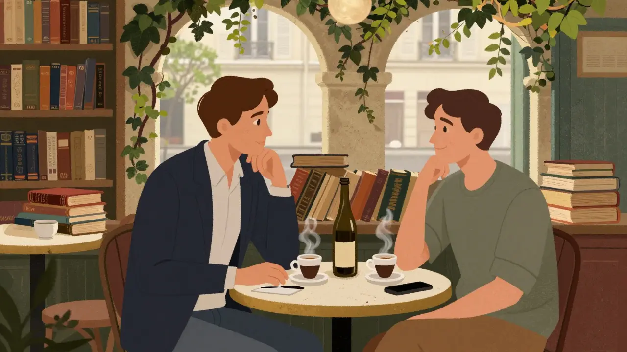 Two people enjoying wine and coffee at a quiet Parisian courtyard café surrounded by books.