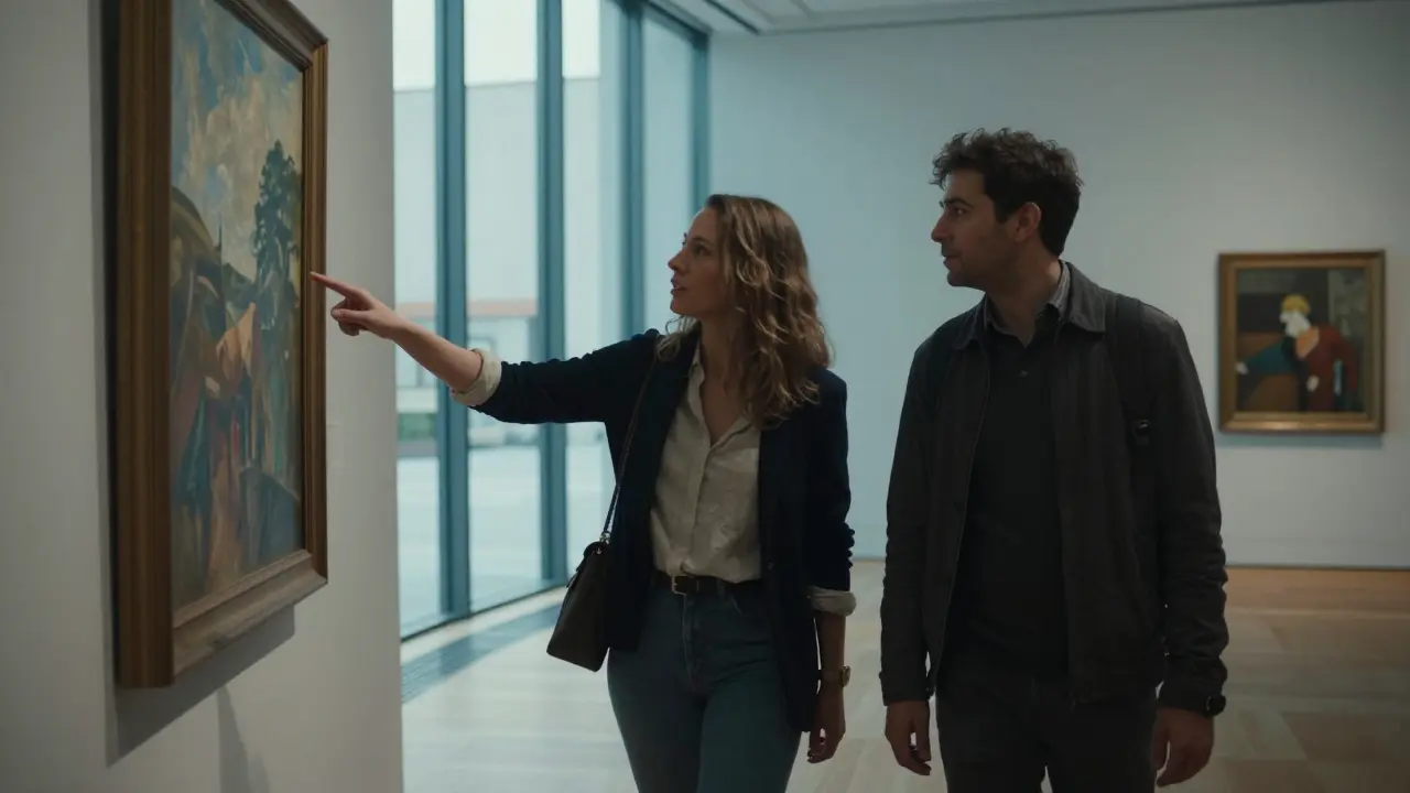 Two people exploring modern art at Tate Modern, quietly engaged with a painting, natural light streaming through the gallery.