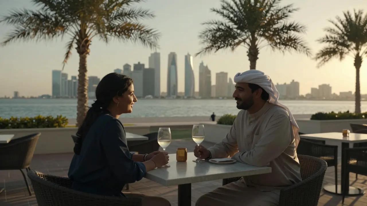 Two people having a respectful conversation at a seaside café in Abu Dhabi at sunset.