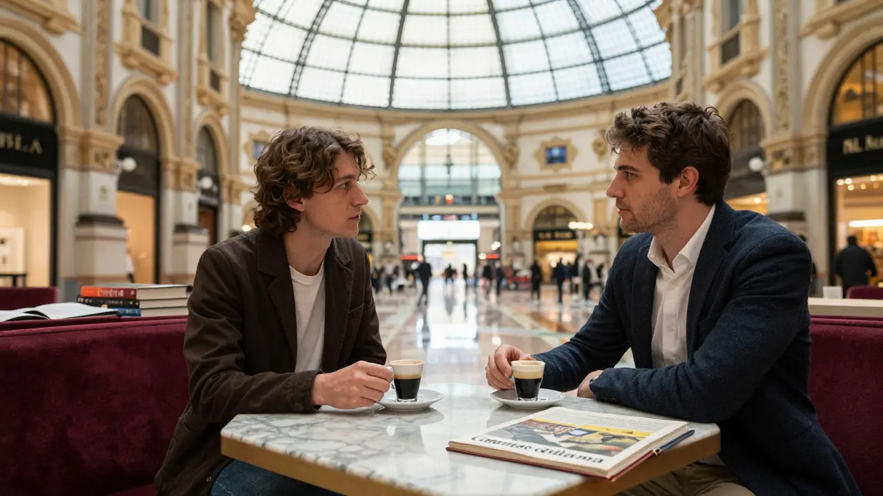 Two people sitting calmly in Galleria Vittorio Emanuele, engrossed in quiet dialogue with books nearby.