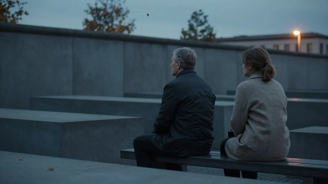 Two people sitting in quiet companionship at the Berlin Wall Memorial at dusk.