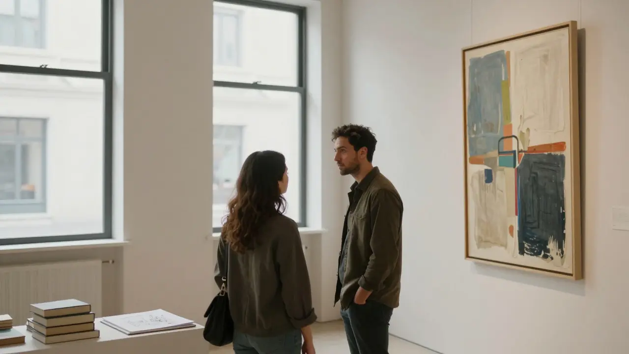Two people viewing art together in a sunlit Dubai gallery, sharing a quiet moment of connection.