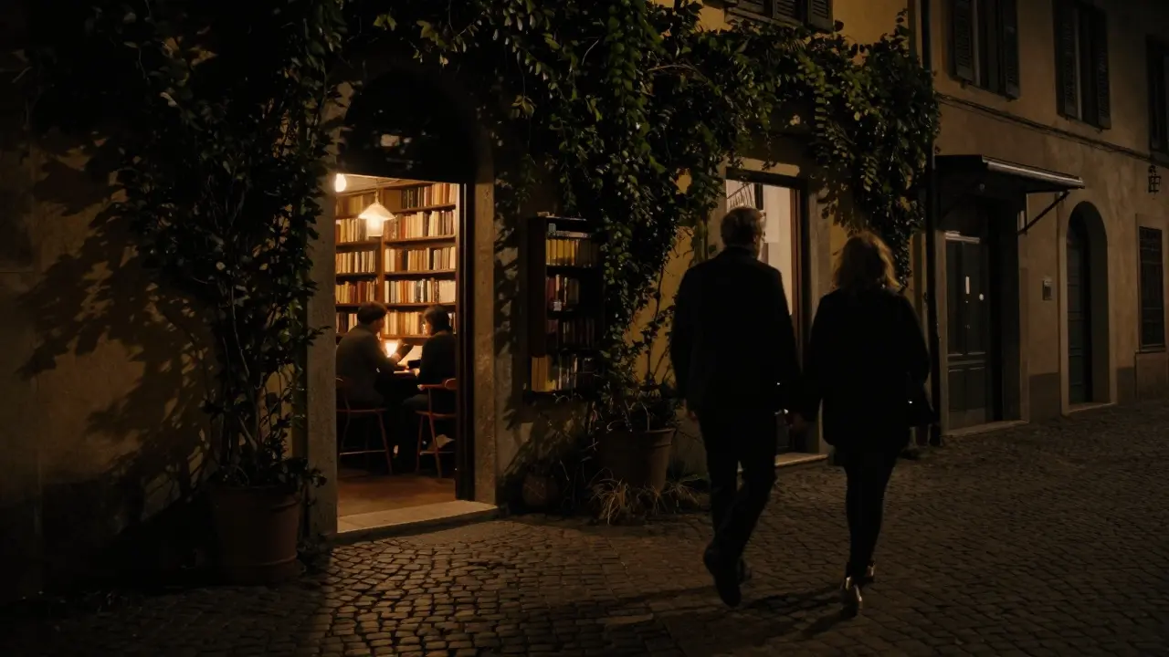Two people walking hand in hand through a dimly lit Brera alley past a hidden bookshelf door.