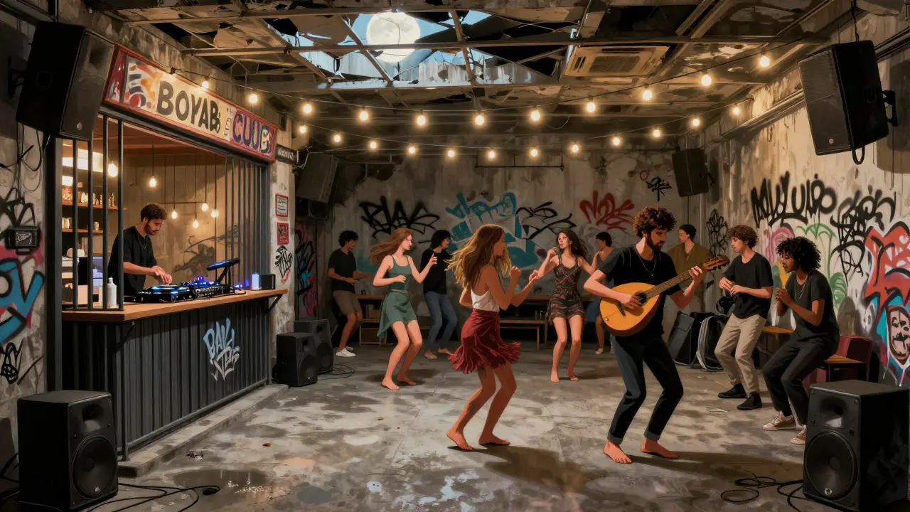 Underground club in Kadıköy with concrete floor, diverse crowd dancing to live Anatolian beats, reclaimed speakers, and string lights.