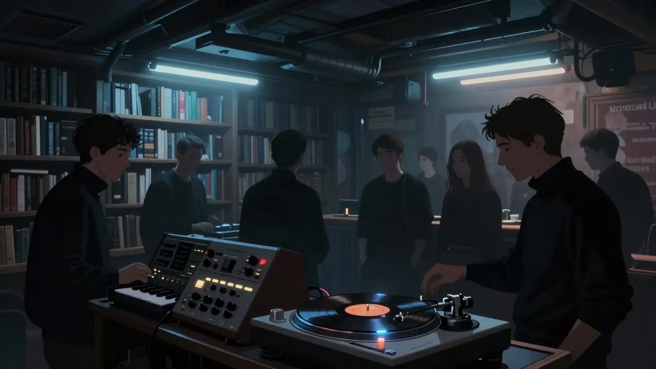 Underground club with vinyl records and dim neon lights, locals immersed in music under industrial ceilings.