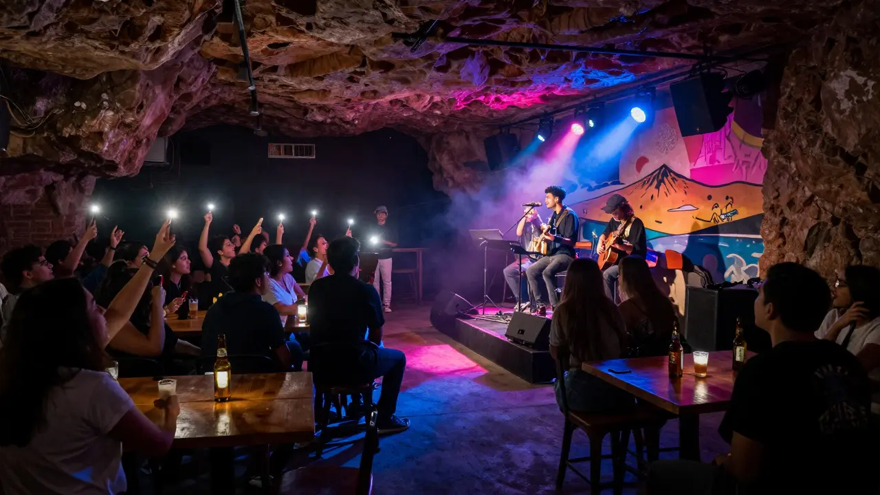 Underground rock venue with young band performing, crowd singing along under neon lights and brick walls.
