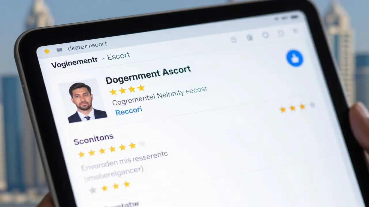Verified escort profile showing reviews, ID verification, and secure payment badge on tablet.