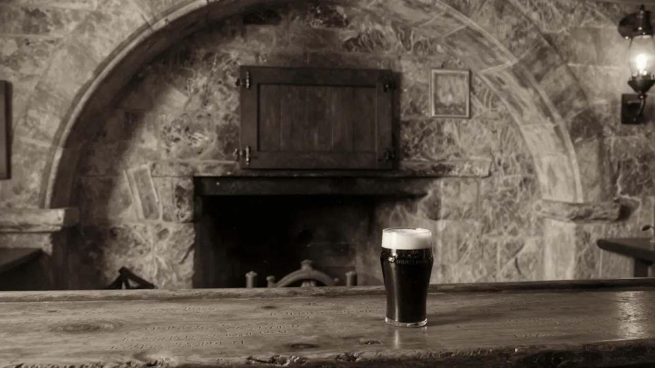 A 16th-century tavern cellar with a hidden panel and dark porter on a wooden bar.