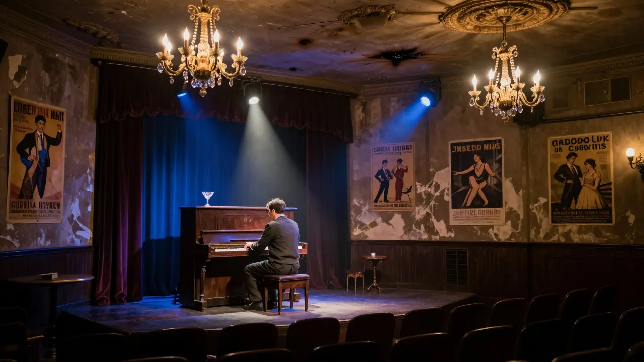 A 1920s music hall with faded posters, a pianist, and bomb-scarred ceiling under soft light.