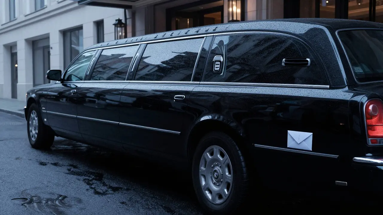 A black limousine outside the Bulgari Hotel at dawn, delivering a discreet envelope with no visible branding or signage.
