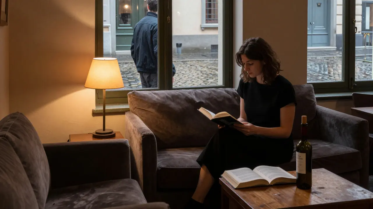 A calm private lounge in Brera with books, wine, and warm lighting, one person reading.