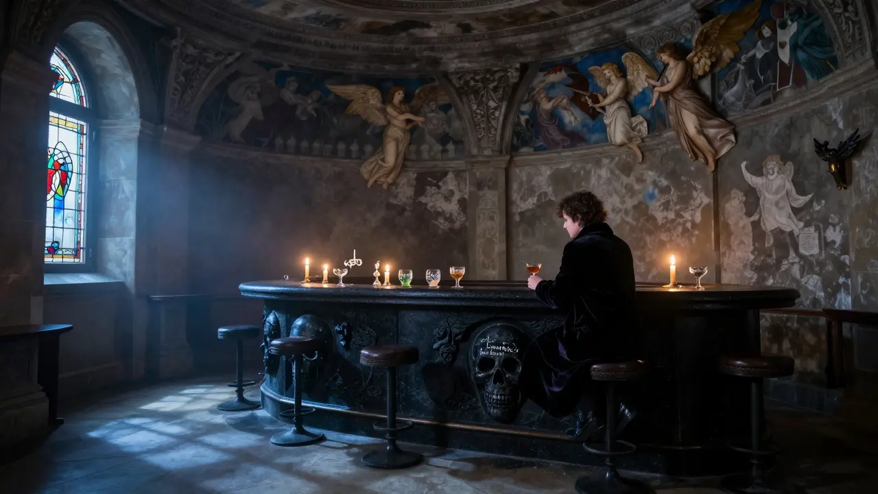 A candlelit bar beneath a chapel with skull-shaped glasses and faded frescoes on the ceiling.