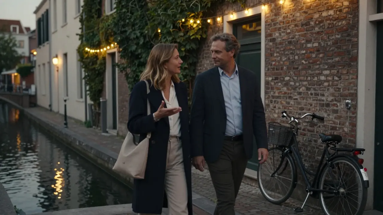 A couple walking along the Navigli canal at twilight, passing under string lights and brick buildings.