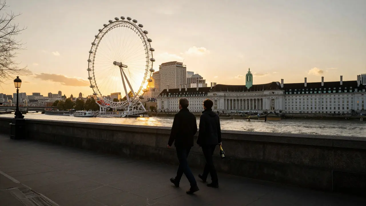 A couple walking along the South Bank at sunset with the London Eye in the background.