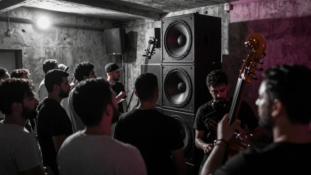 A crowded underground club with industrial lighting and powerful sound equipment vibrating the air.