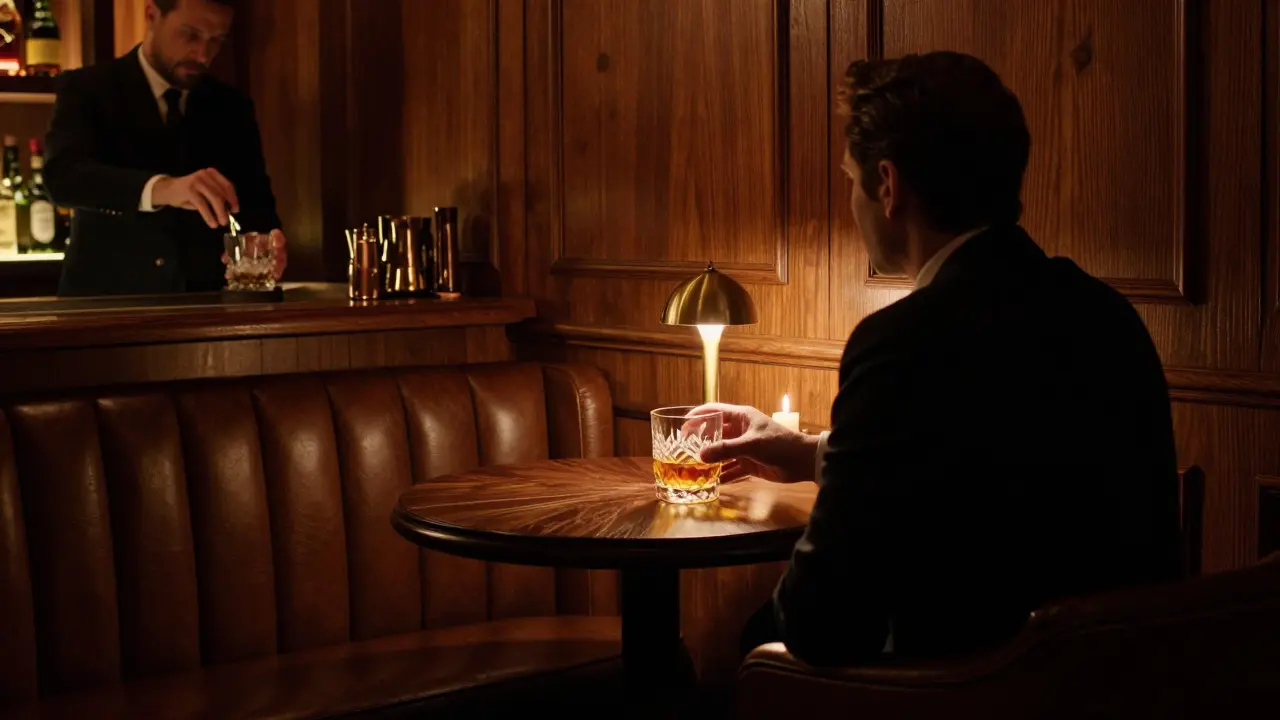A discreet speakeasy bar with leather booths, a bartender pouring whiskey, and warm brass lighting in a quiet, wood-paneled room.