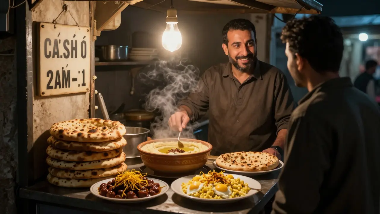 A family-run stall serving warm hummus, khubz, and balaleet at 2 a.m. in Abu Dhabi's back alley.