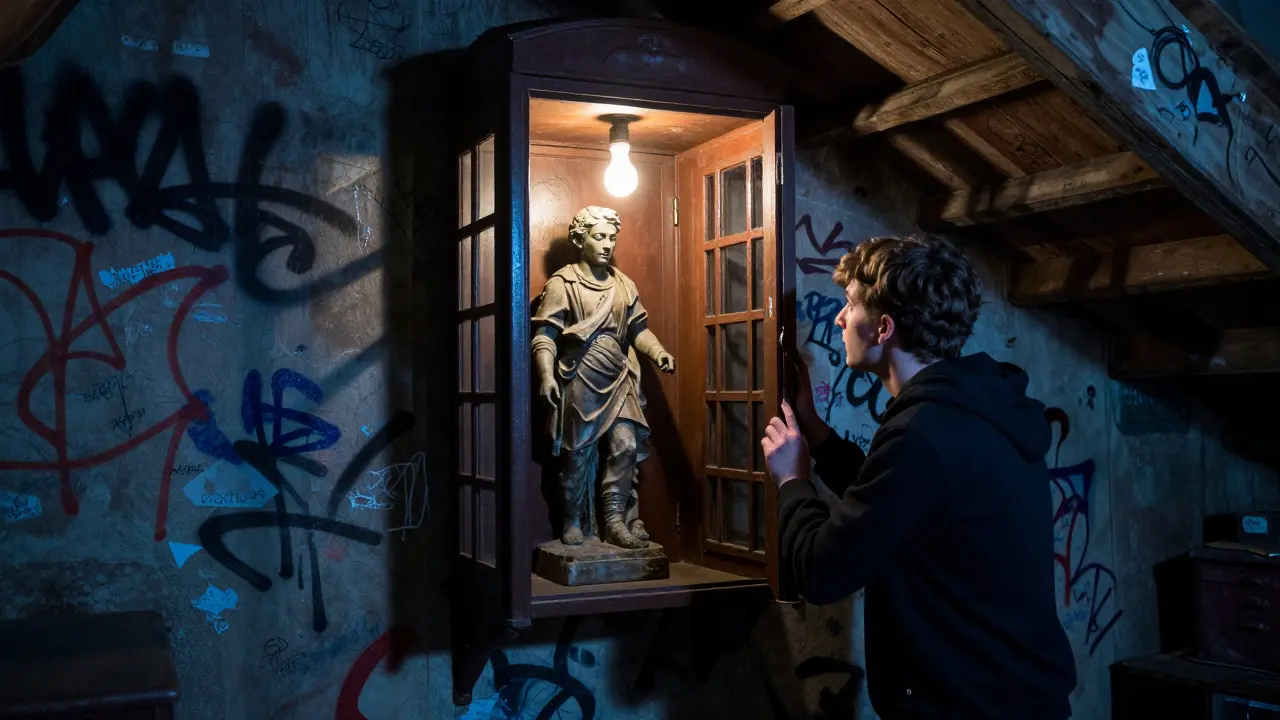 A former East German sculptor reveals a mysterious statue in a hidden attic, lit only by a single bulb amid layered street art.