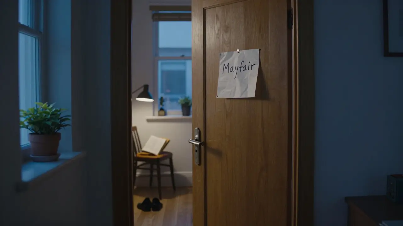 A handwritten note on a door in a quiet London apartment, with shoes and a plant suggesting a personal connection.