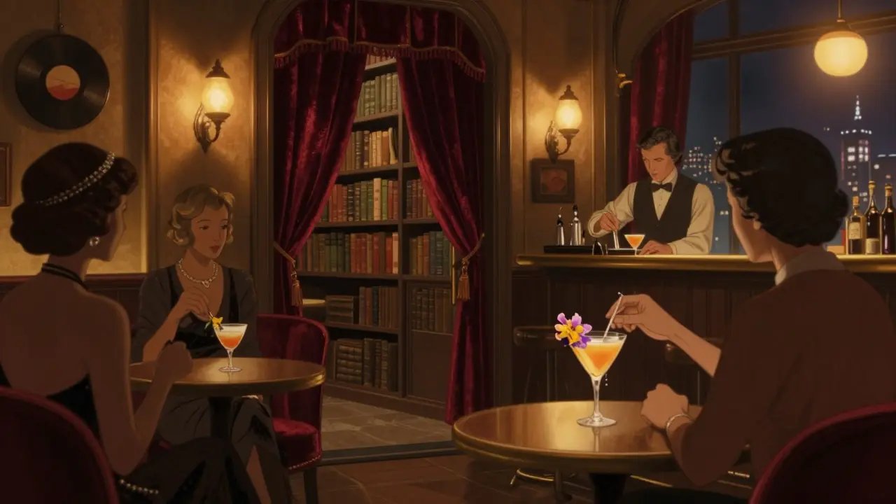 A hidden 1920s-style speakeasy with velvet booths and dim lighting, patrons sipping cocktails.