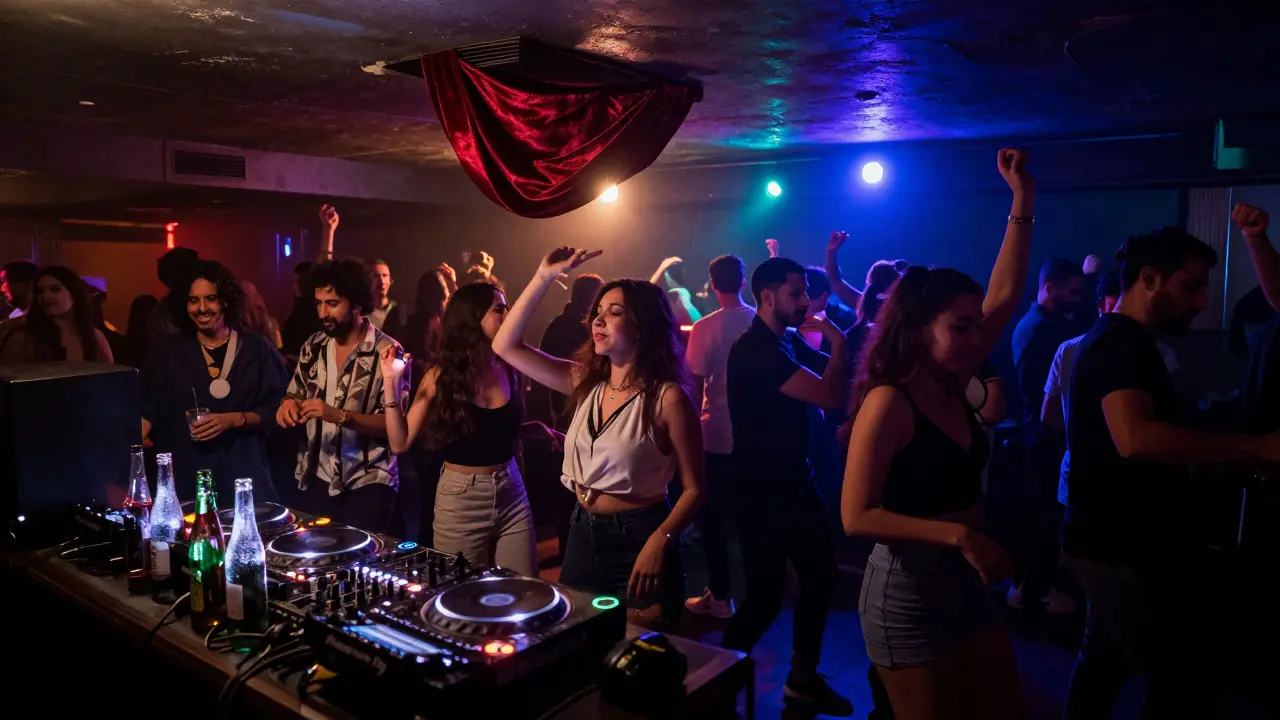 A hidden basement club in Istanbul with dancers under colorful lights and a DJ mixing music.
