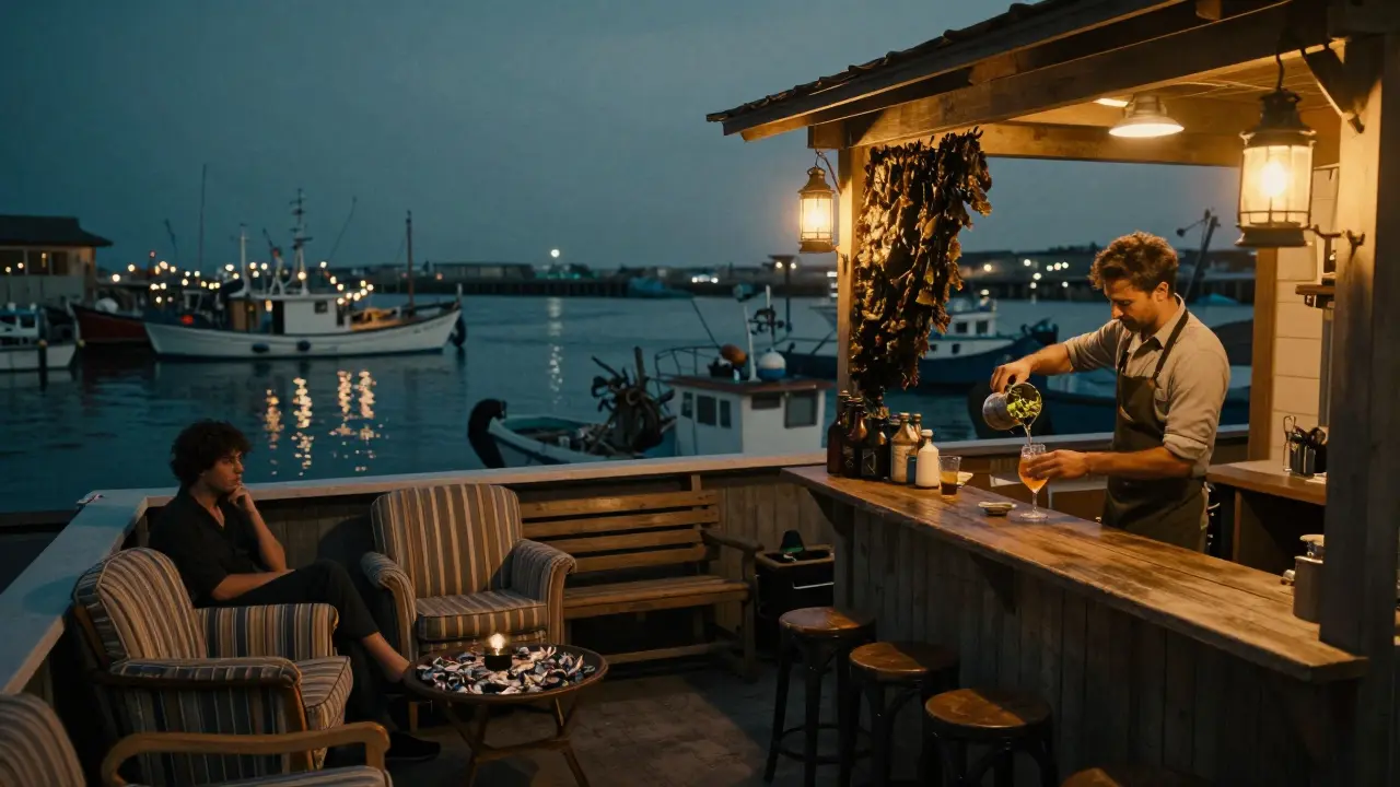 A hidden rooftop bar at night, wooden benches overlooking harbor boats, bartender pouring a drink in warm light.