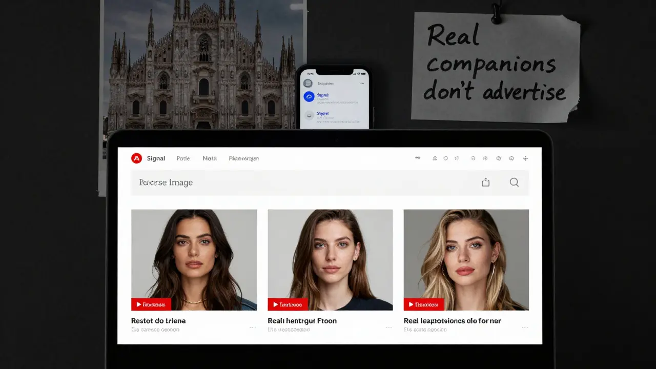 A laptop screen showing flagged stock photos and encrypted messages, symbolizing escort scams.