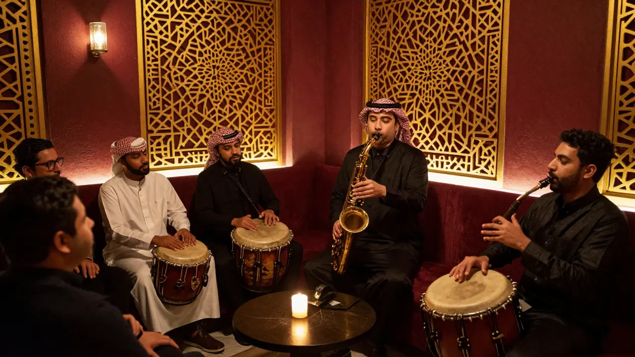 A live Arabic jazz performance in a cozy lounge, with saxophone and drums captivating an attentive audience under warm lantern light.