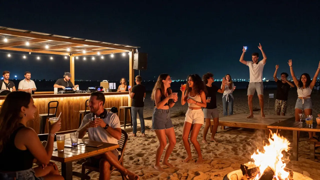 A lively beachside bar at night with people dancing on sand under string lights and bonfires.
