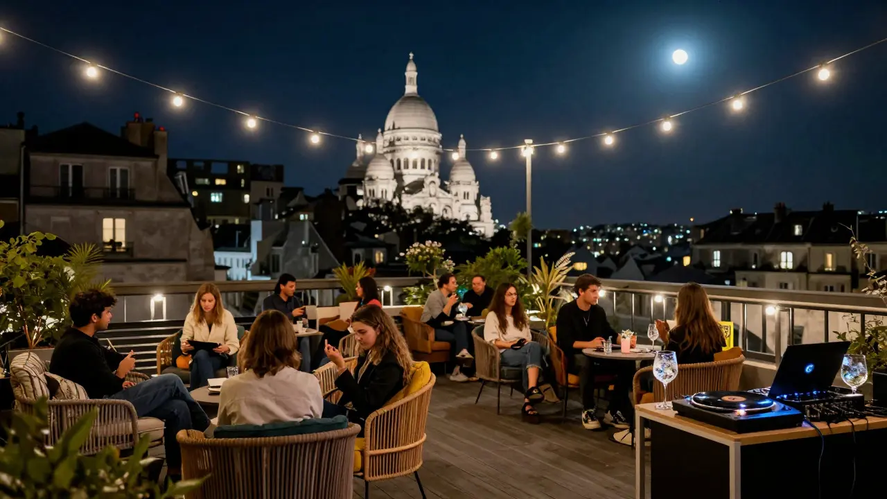 A lively Paris rooftop bar at night with string lights, people relaxing in armchairs, and Sacré-Cœur glowing in the distance.