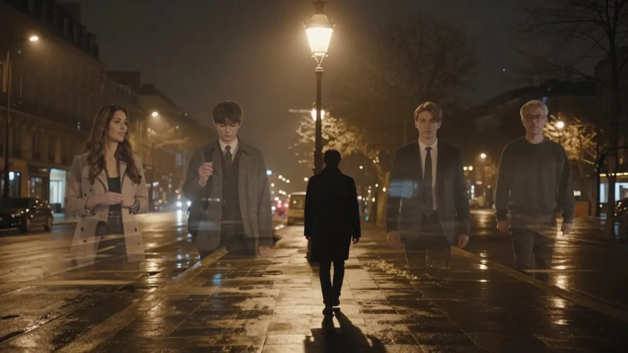 A lone walker at night in Paris with faint translucent figures of companions beside them, cinematic and poetic.