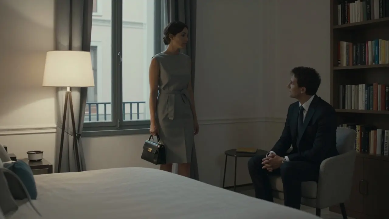 A man and woman in a stylish Milan hotel room, waiting respectfully for each other, no physical contact.