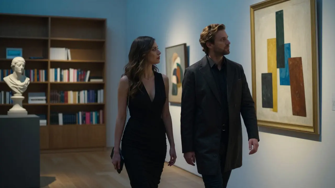 A man and woman walking through an art gallery in Milan, quietly appreciating a painting together.