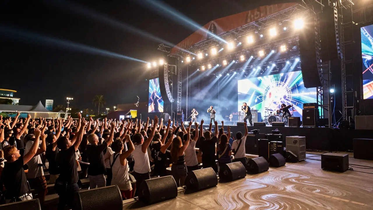 A massive crowd sings along at a rock concert under dazzling lights in a huge Dubai venue.