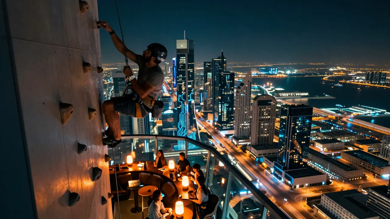 A person climbing a vertical wall on a rooftop bar with Abu Dhabi's city lights glowing below.