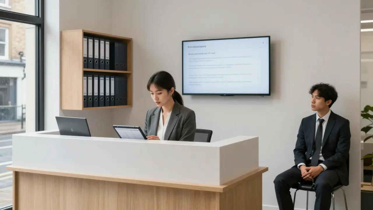 A professional escort agency office in London with a reception desk and discreet client information on a monitor.