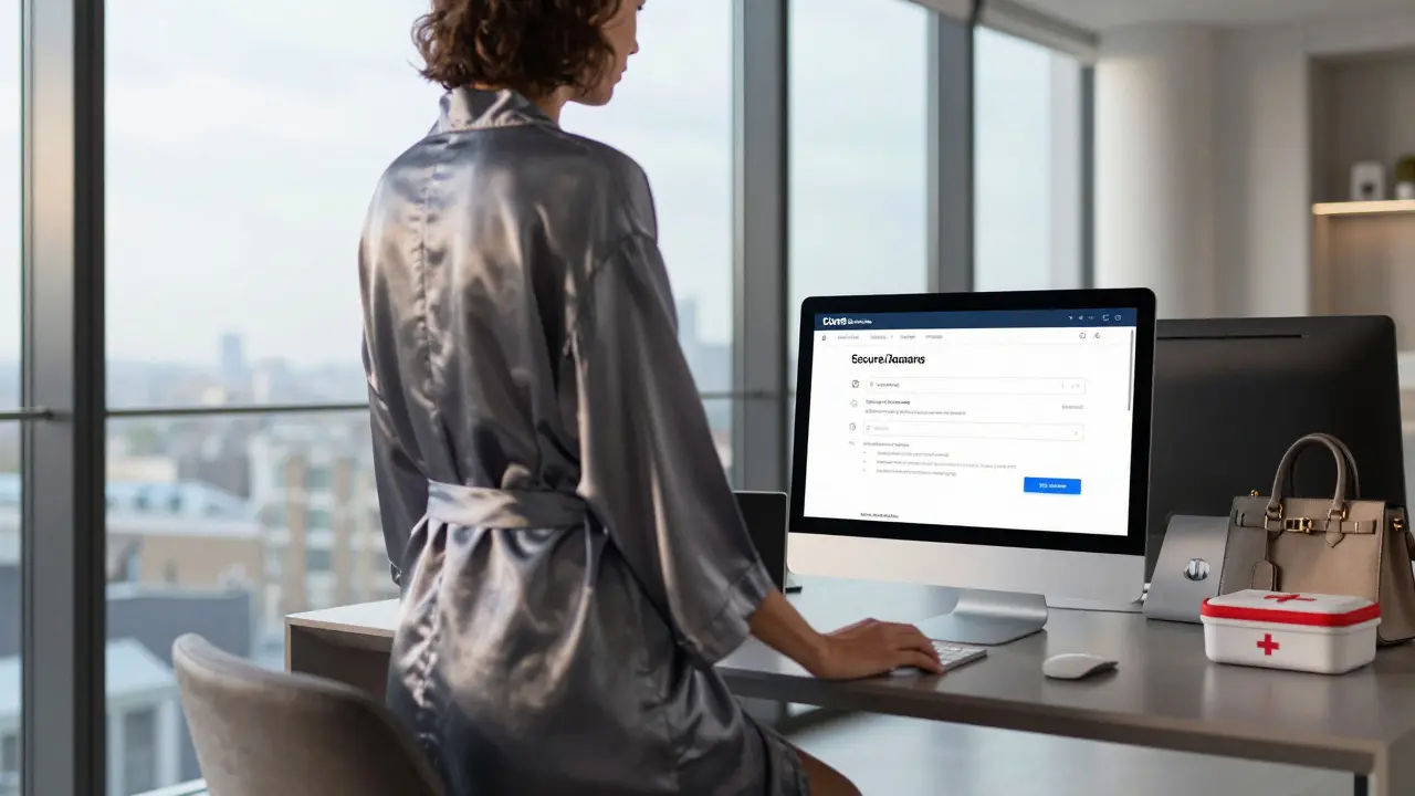 A professional working alone in a modern London apartment, managing bookings and communications on a screen, surrounded by personal and safety items.