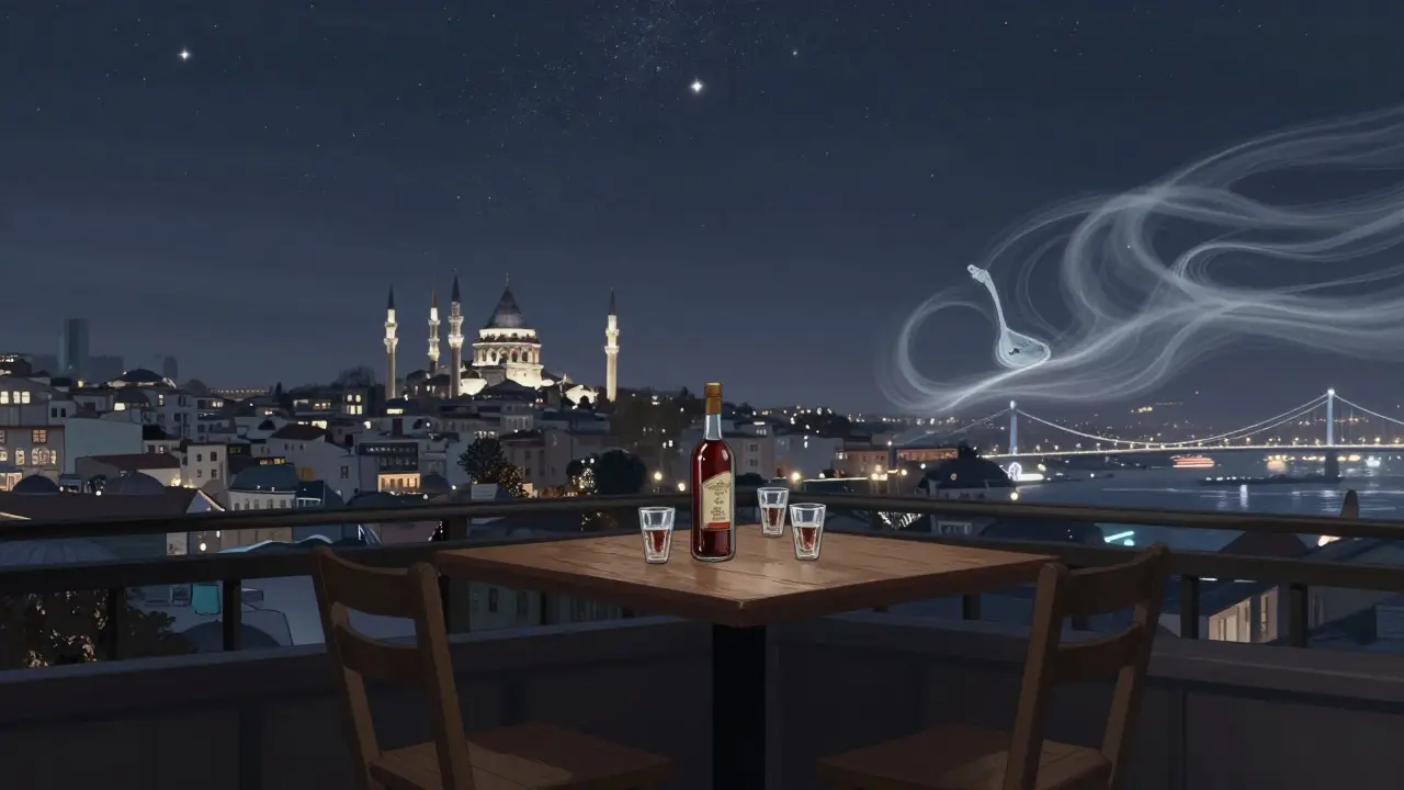A quiet rooftop terrace at 4 a.m. in Istanbul with a bottle of rakı and the city skyline glowing below under a starry sky.