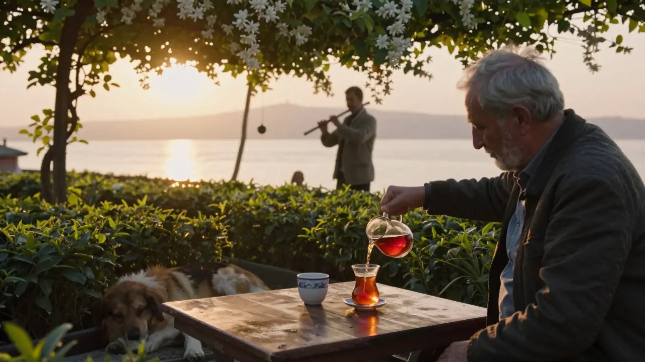 A quiet tea garden at dawn with someone pouring tea, a sleeping dog, and the Bosphorus in the background.