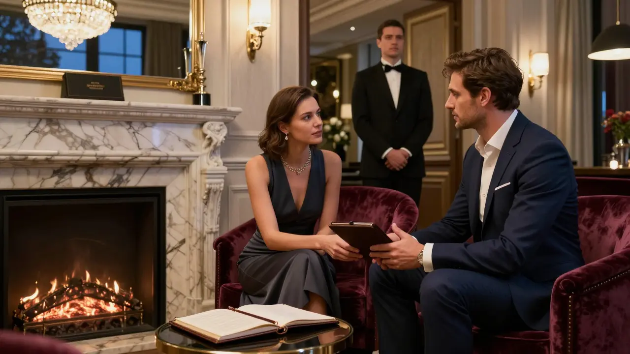 A refined couple in a luxury hotel lobby, sharing a moment near a fireplace with elegant decor.