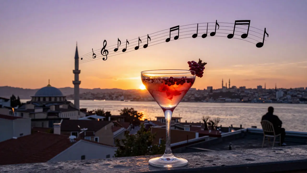 A rooftop bar at sunset with a colorful cocktail and the Bosphorus in the background, musical notes blending into the sky.